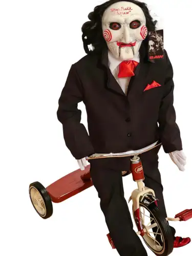 TOBIN BELL AUTOGRAPHED SAW JIGSAW BILLY PUPPET DOLL WITH TRICYCLE BAS WITNESS COLLECTIBLE MEMORABILIA
