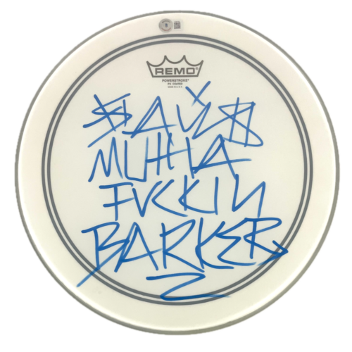 TRAVIS MUTHA F*UCKIN BARKER BLINK-182 SIGNED AUTOGRAPH DRUMHEAD W/ BECKETT COA COLLECTIBLE MEMORABILIA