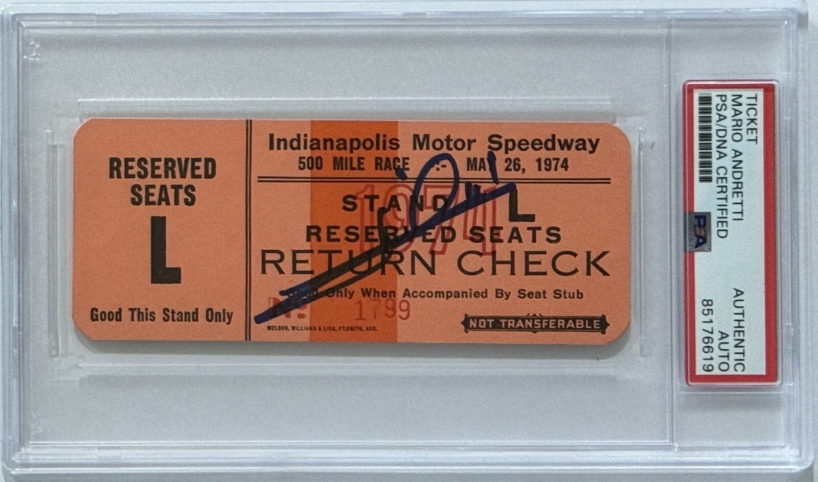 1974 Indy Indianapolis 500 Ticket Signed Mario Andretti PSA DNA COA Autograph F1