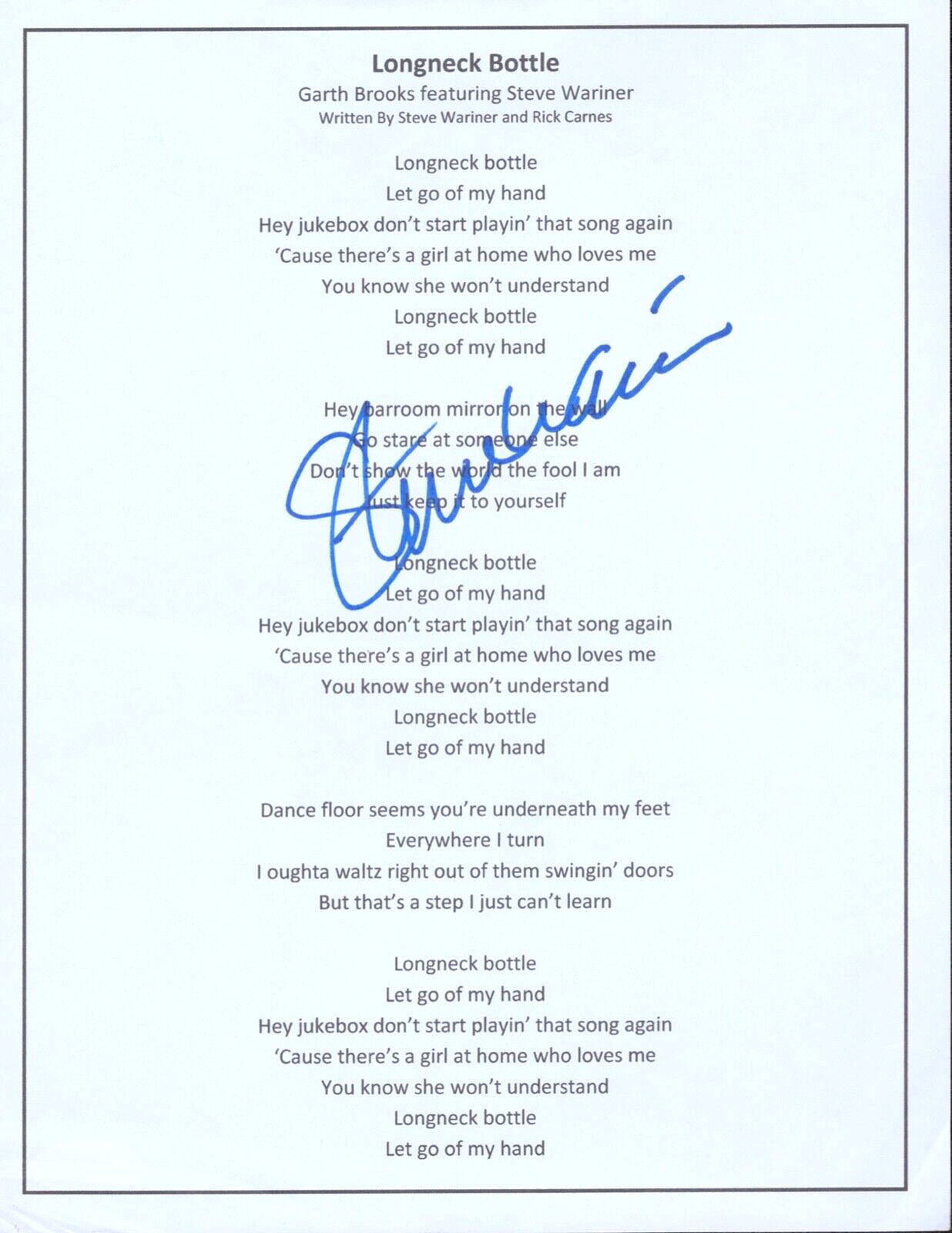 STEVE WARINER Signed Autograph Lyrics 