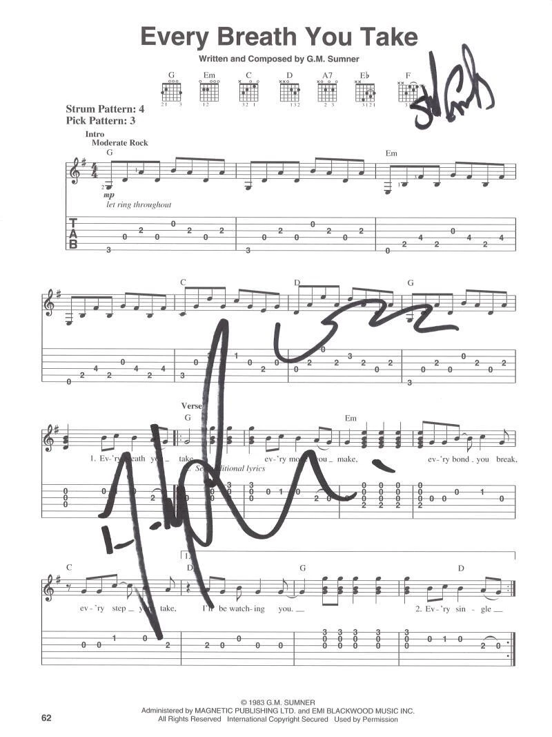 The Police Full Band Signed Autograph Every Breath You Take Sheet Music JSA COA