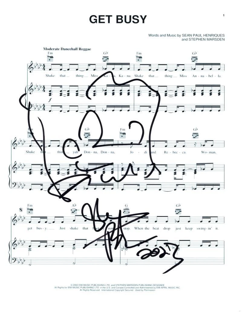 SEAN PAUL SIGNED AUTOGRAPH GET BUSY SHEET MUSIC WITH ORIGINAL ART SKETCH! COLLECTIBLE MEMORABILIA