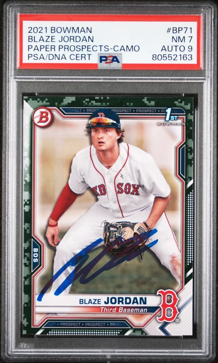 2021 Bowman Paper Prospects Camo #BP71 Blaze Jordan Signed Rookie Card PSA 7 AUT