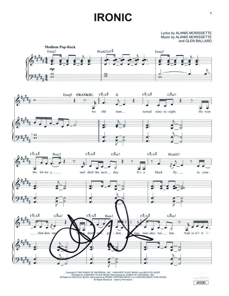 ALANIS MORISSETTE SIGNED AUTOGRAPH IRONIC SHEET MUSIC JAGGED LITTLE PILL JSA COA COLLECTIBLE MEMORABILIA