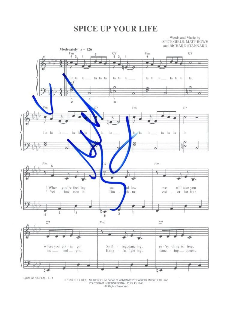 Mel B Spice Girls Signed Autograph Spice Up Your Life Sheet Music - Scary Spice