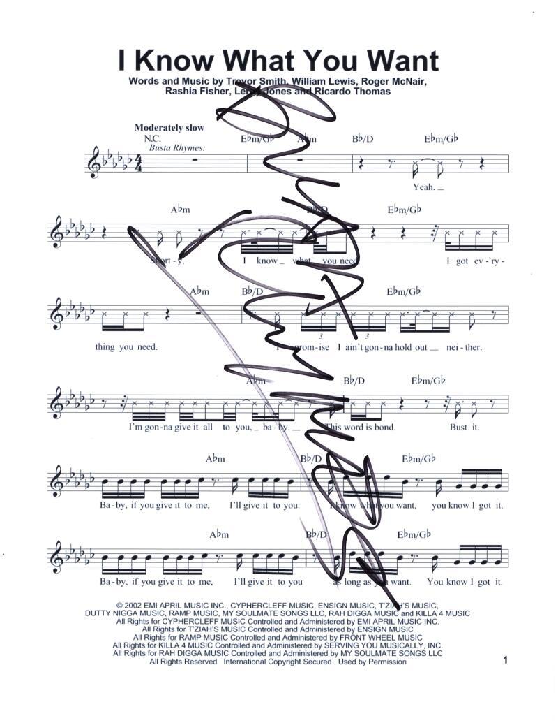 Busta Rhymes Signed Autograph I Know What You Want Sheet Music w/ Mariah Carey