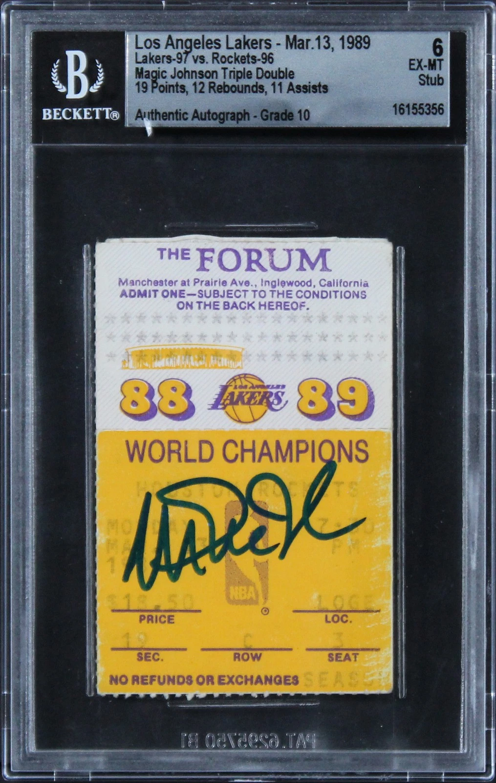 Magic Johnson Signed 3/13/89 LAL Vs HOU Ticket EX-MT 6, Auto 10! BAS Slabbed