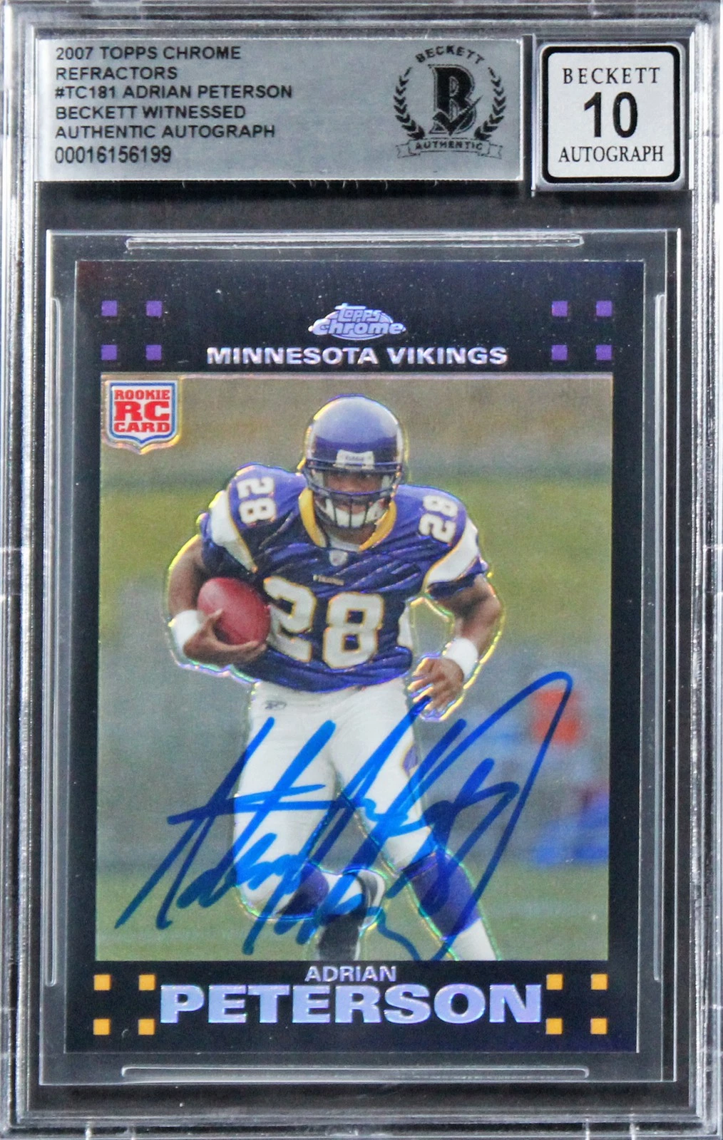 VIKINGS ADRIAN PETERSON SIGNED 2007 TOPPS CHROME #TC181 RC CARD AUTO 10 BAS SLAB COLLECTIBLE MEMORABILIA