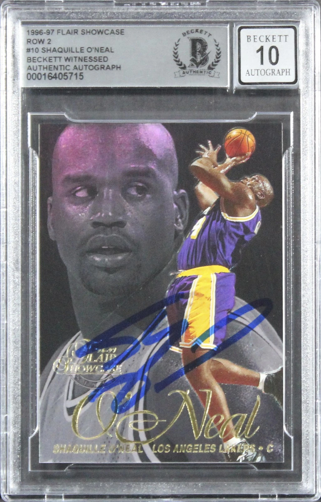 Lakers Shaquille O'Neal Signed 1996 Flair Showcase #10 Card Auto 10! BAS Slabbed
