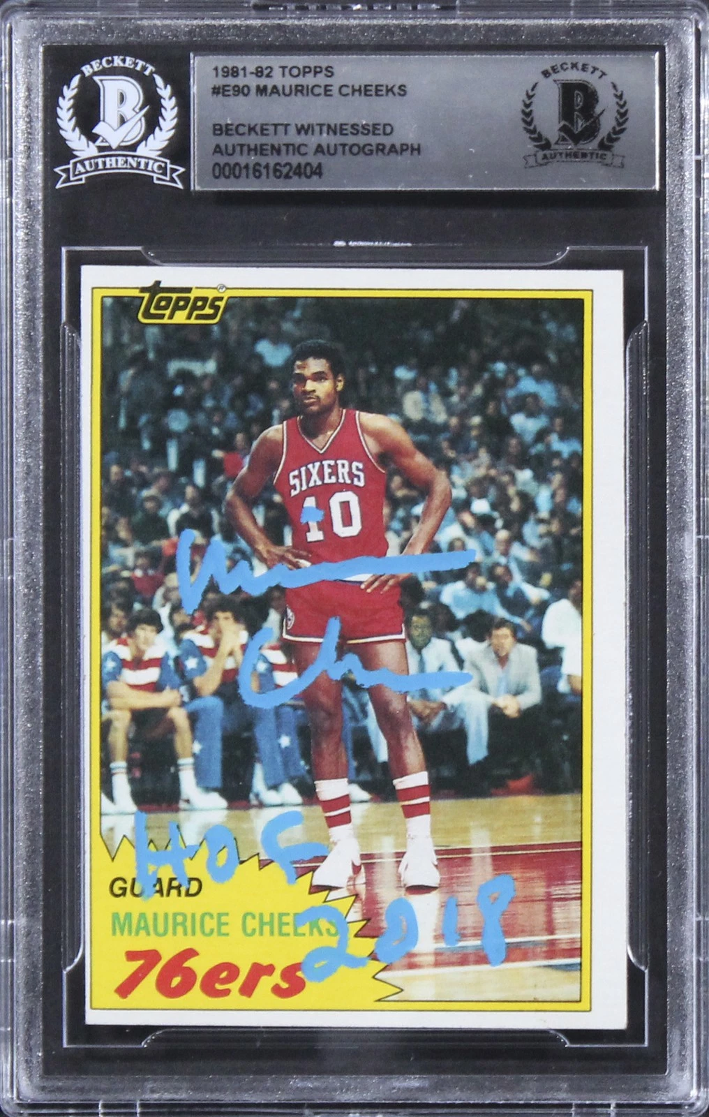 76ERS MAURICE CHEEKS HOF 2018 AUTHENTIC SIGNED 1981 TOPPS #E90 CARD BAS SLABBED COLLECTIBLE MEMORABILIA