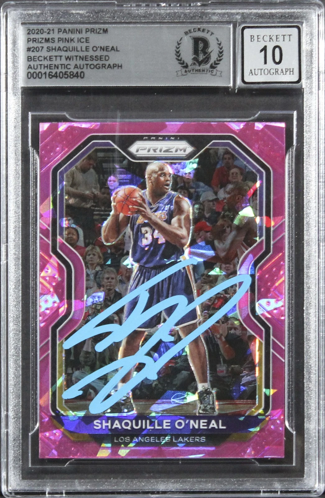 Lakers Shaquille O'Neal Signed 2020 Panini Prizm PI #207 Card Auto 10! BAS Slab