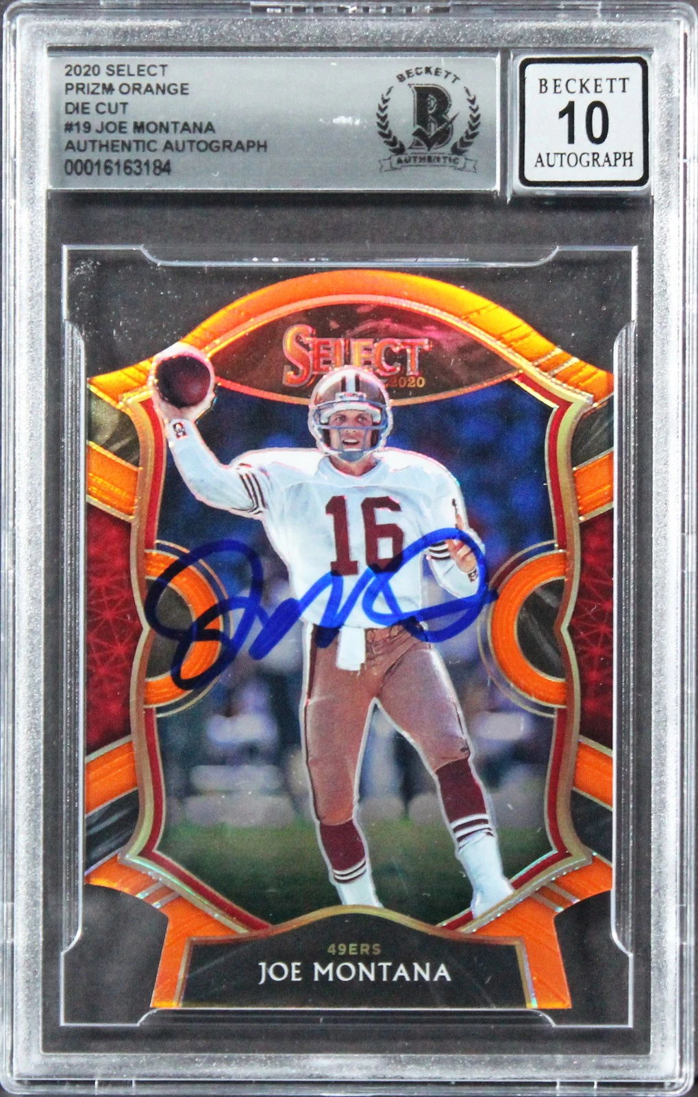 49ERS JOE MONTANA SIGNED 2020 SELECT PRIZM ORANGE #19 CARD AUTO 10! BAS SLABBED COLLECTIBLE MEMORABILIA