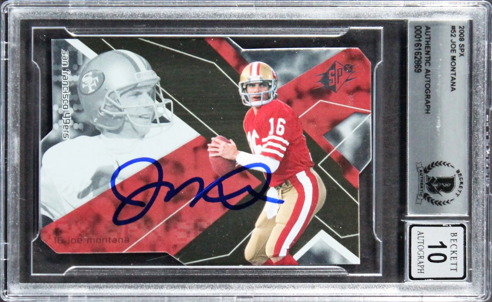 49ERS JOE MONTANA AUTHENTIC SIGNED 2008 SPX #52 CARD AUTO 10! BAS SLABBED COLLECTIBLE MEMORABILIA