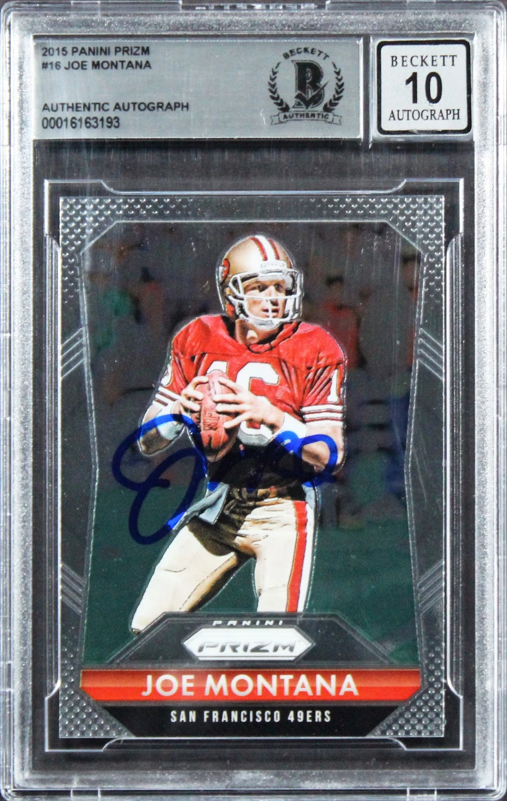 49ERS JOE MONTANA SIGNED 2015 PANINI PRIZM #16 CARD AUTO 10! BAS SLABBED COLLECTIBLE MEMORABILIA