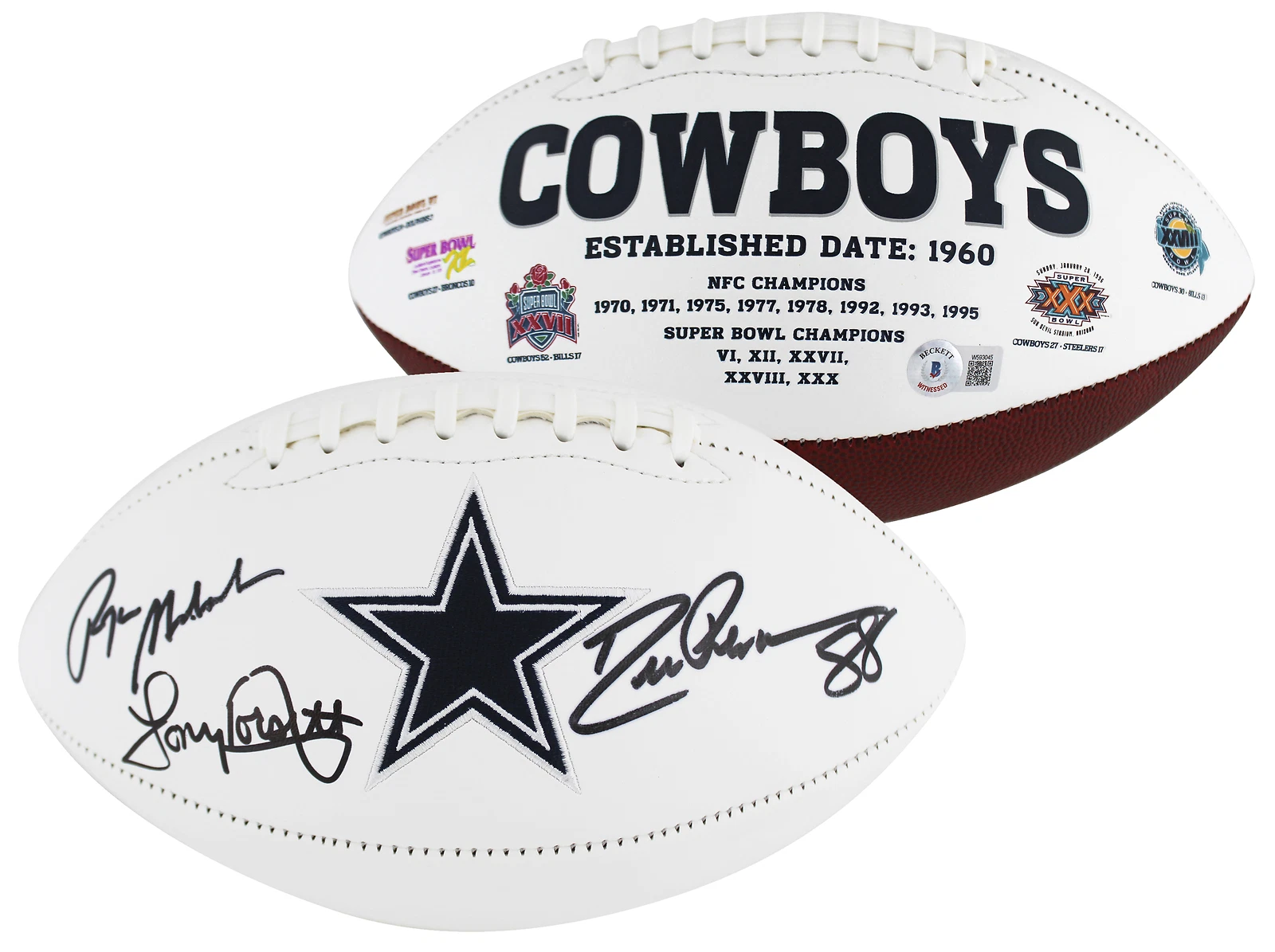 Cowboys (3) Staubach, Dorsett & Pearson Signed White Panel Logo Football BAS Wit