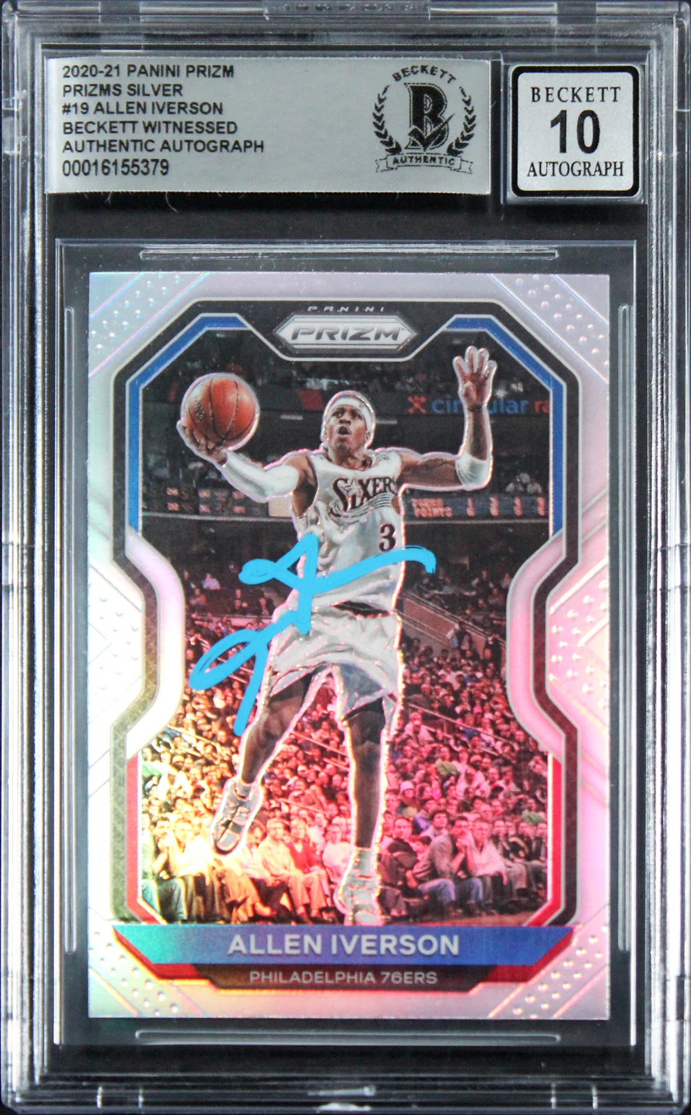 76ERS ALLEN IVERSON SIGNED 2020 PANINI PRIZM SILVER #19 CARD AUTO 10! BAS SLAB COLLECTIBLE MEMORABILIA