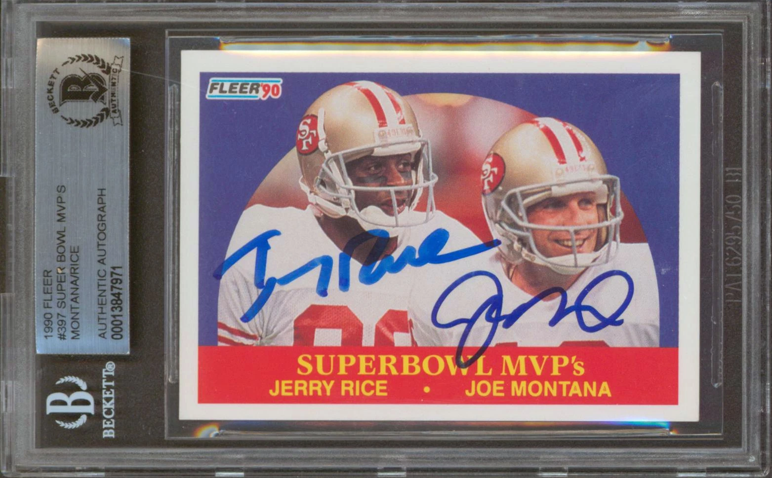 49ERS JOE MONTANA & JERRY RICE SIGNED 1990 FLEER #397 SB MVPS CARD BAS SLABBED COLLECTIBLE MEMORABILIA