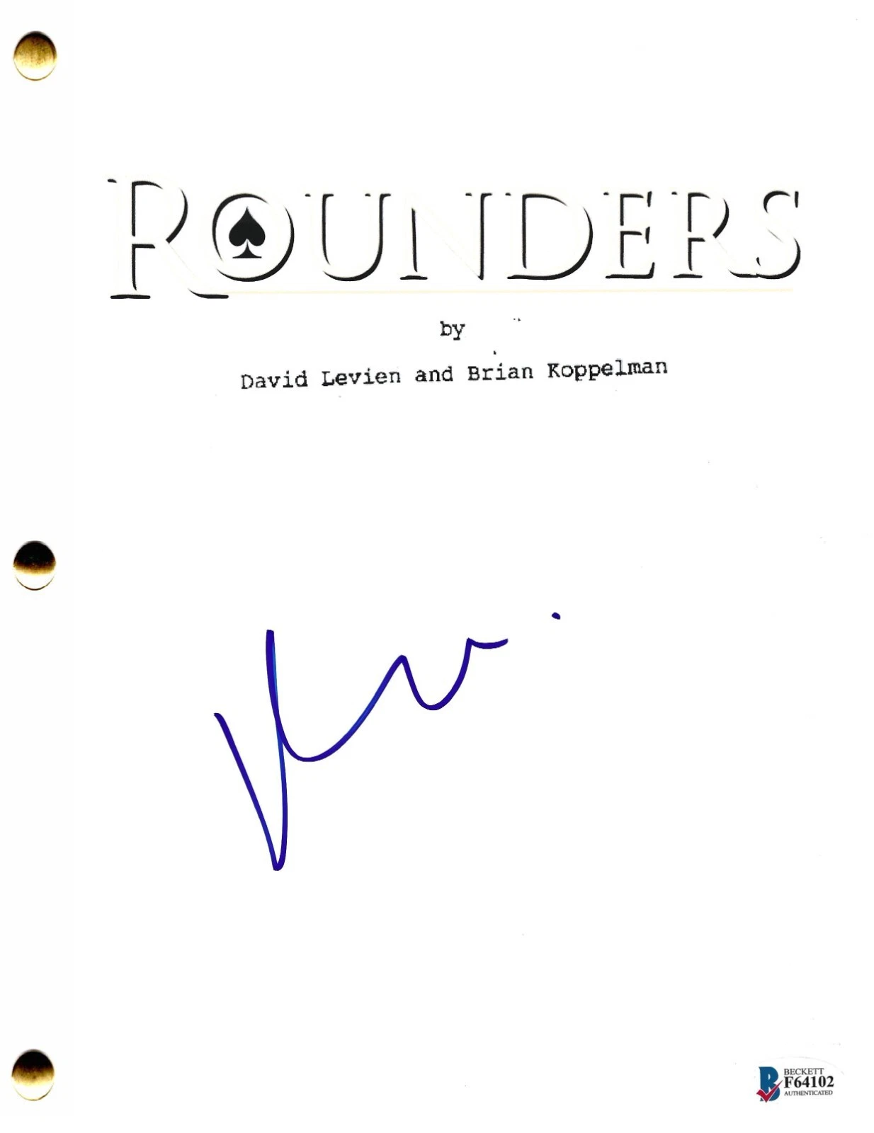 Matt Damon Signed Rounders Full Movie Script Autograph Beckett COA