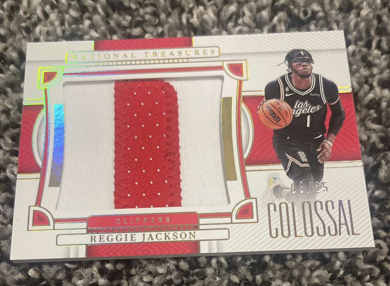 2022-23 National Treasures Colossal Holo Gold Patch #JLR Reggie Jackson 09/25