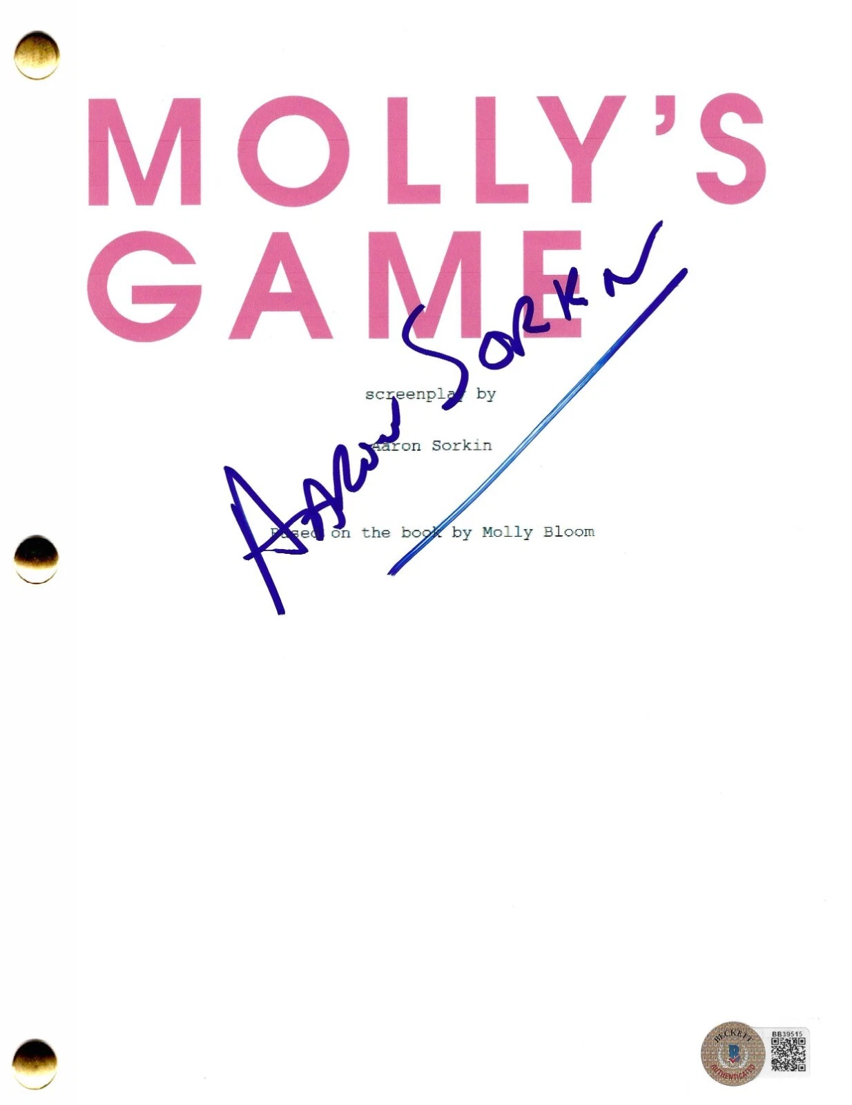 Aaron Sorkin Signed Molly's Game Full Script Authentic Autograph Beckett