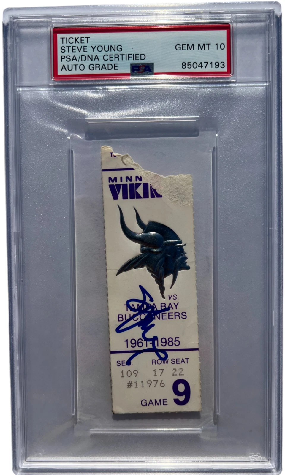 STEVE YOUNG SIGNED 1ST NFL TOUCHDOWN TD 12/8/1985 BUCCANEERS VS VIKINGS PSA/DNA