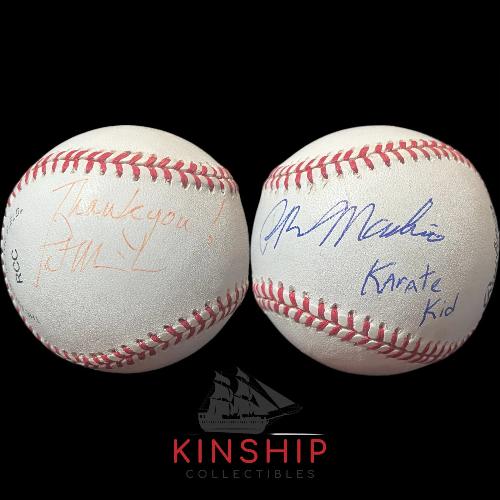 Pat Morita Ralph Macchio signed Rawlings Baseball JSA LOA Karate Kid Auto A2965