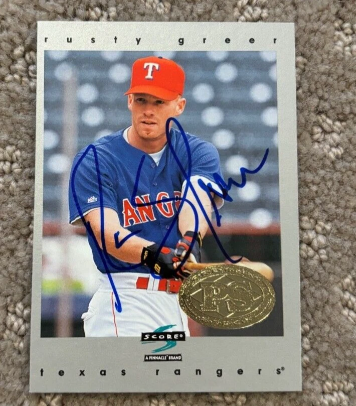 1997 Score Premium Stock 43 Rusty Greer signed autographed card Texas Rangers