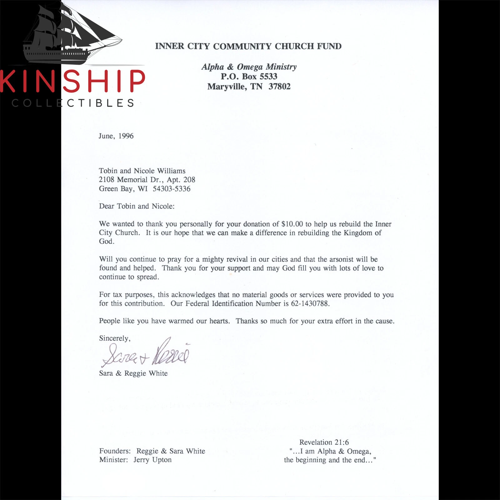 Reggie White signed Typed Church Letter JSA COA Eagles Packers HOF Auto Z1740