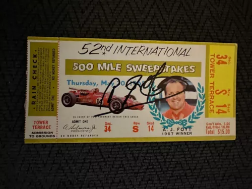 1968 Indy 500 AJ Foyt Signed Ticket Stub (1967 Indy Race Winner ...