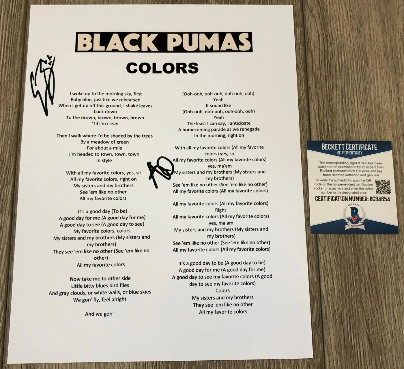 THE BLACK PUMAS SIGNED AUTOGRAPH COLORS LYRICS SHEET & BECKETT BAS COA