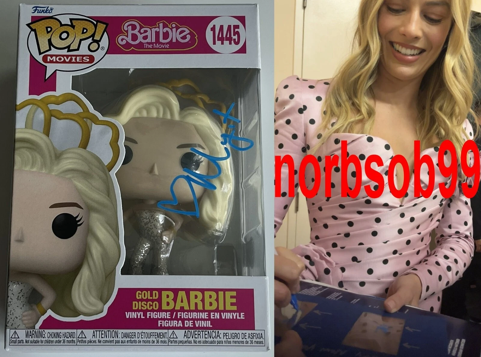 MARGOT ROBBIE SIGNED GOLD DISCO BARBIE FUNKO 1445 wEXACT VIDEO PROOF BECKETT COA