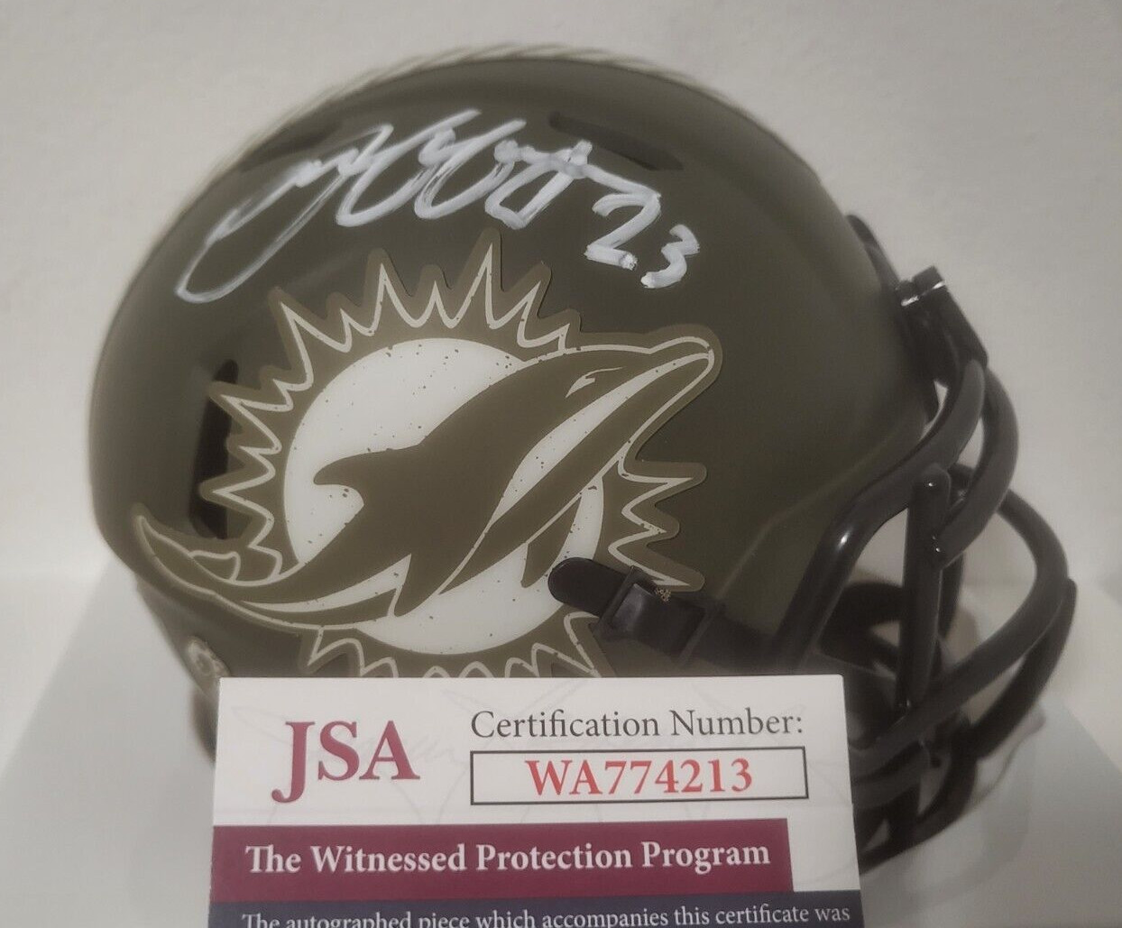 JEFF WILSON JR MIAMI DOLPHINS SIGNED AUTO SALUTE TO SERVICE MINI HELMET JSA *