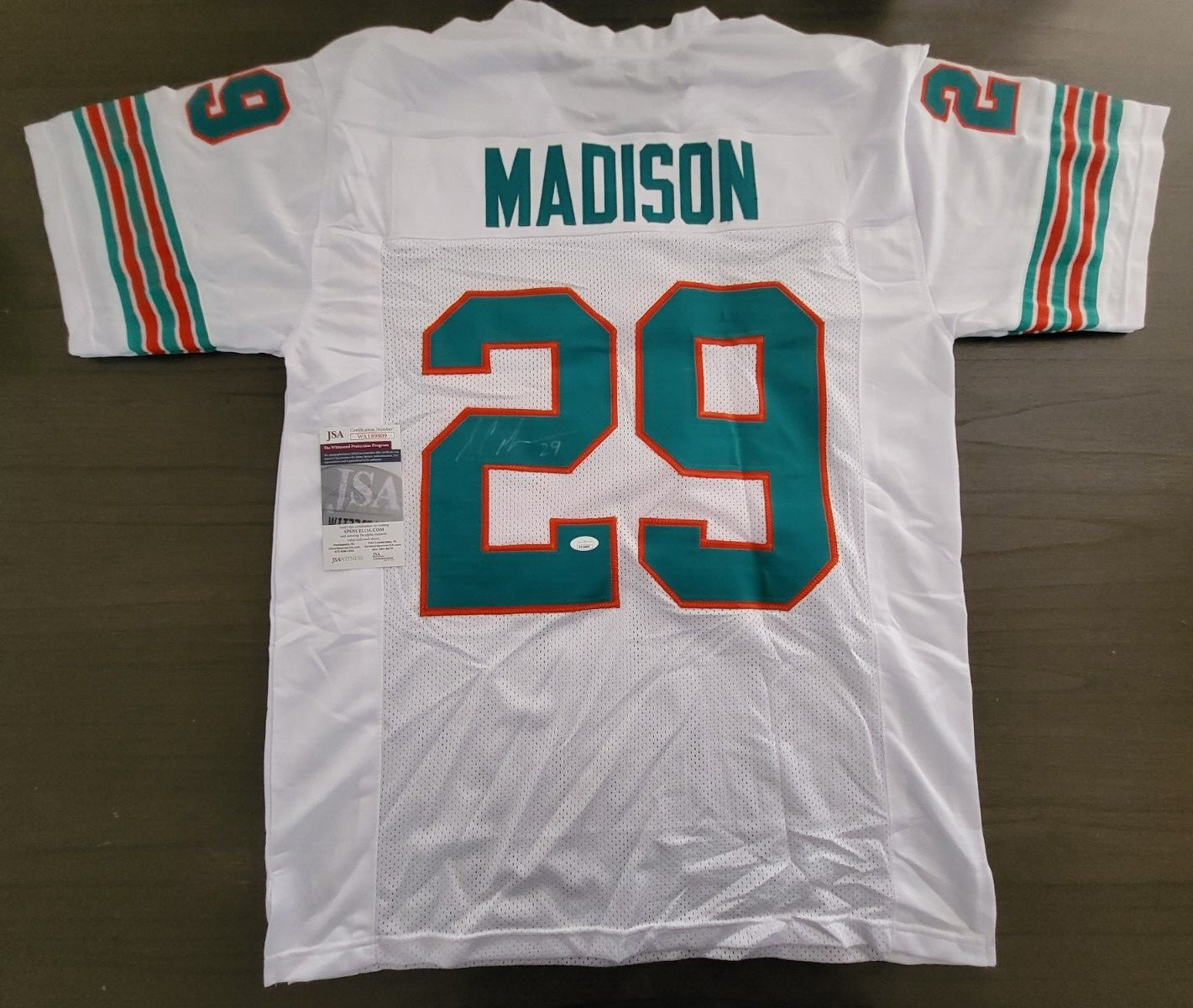 SAM MADISON #29 MIAMI DOLPHINS SIGNED AUTOGRAPHED WHITE CUSTOM SZ XL JERSEY JSA