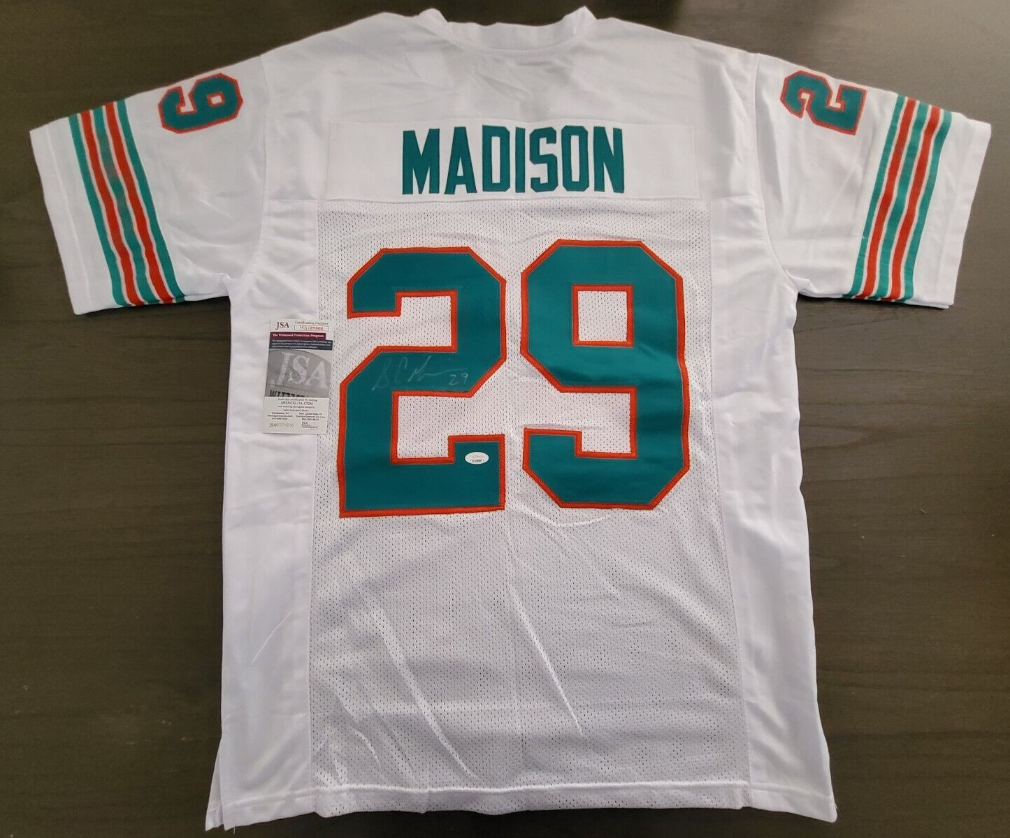 SAM MADISON #29 MIAMI DOLPHINS SIGNED AUTOGRAPH WHITE CUSTOM SZ XL JERSEY JSA *
