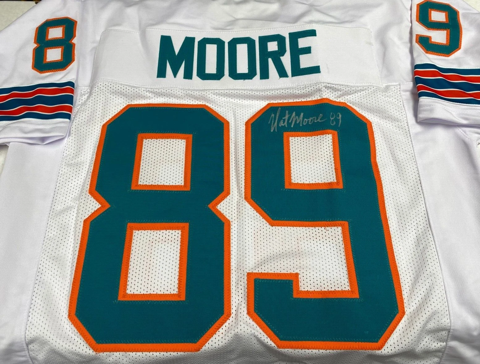NAT MOORE #89 MIAMI DOLPHINS SIGNED AUTOGRAPHED CUSTOM WHITE JERSEY SZ XL COA *