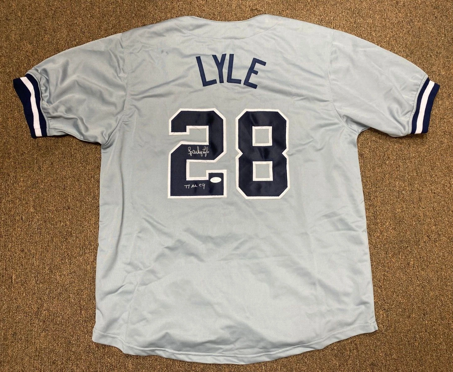 SPARKY LYLE NY YANKEES 77 AL CY SIGNED AUTOGRAPHED CUSTOM JERSEY SZ XL JSA