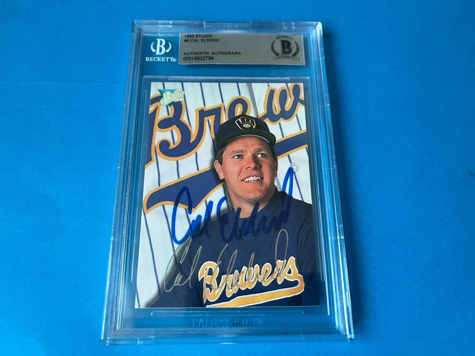 Cal Eldred Brewers 1993 Leaf Studio Card Signed Auto Beckett BAS COA