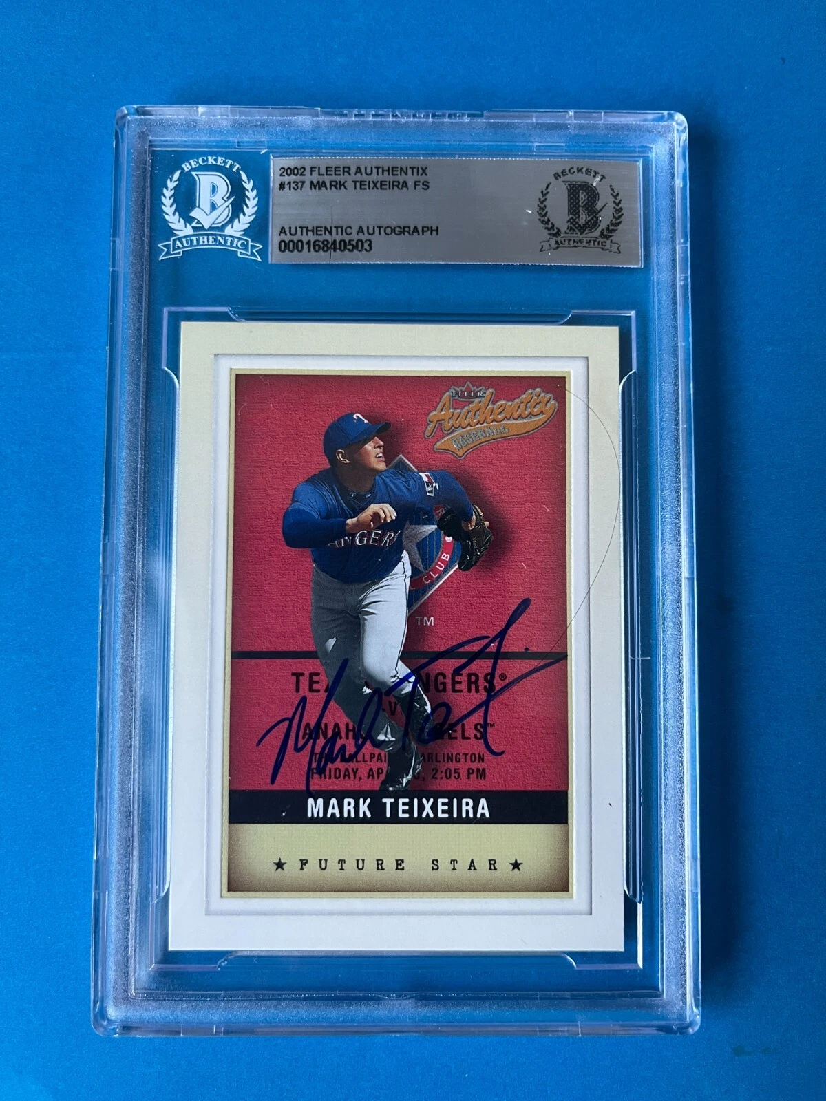 Mark Teixeira Rangers 2002 Fleer Authentix Card Signed Auto Beckett BAS Slabbed