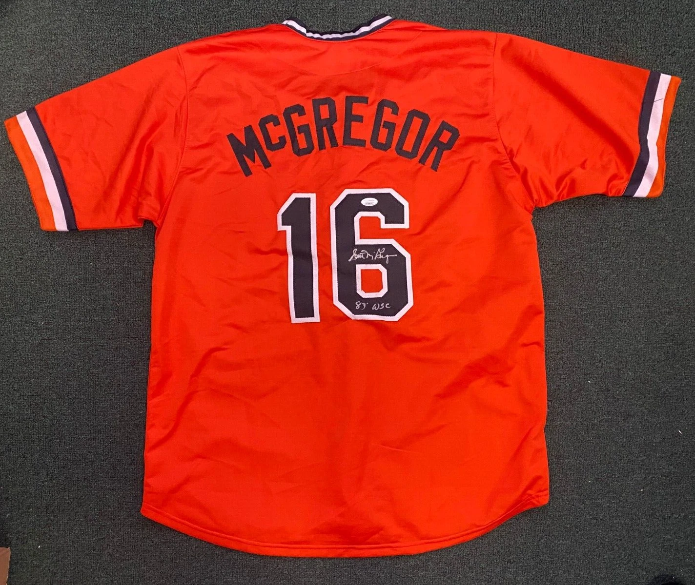 SCOTT MCGREGOR 83 WSC BALTIMORE ORIOLES SIGNED CUSTOM JERSEY SZ XL JSA STICKER