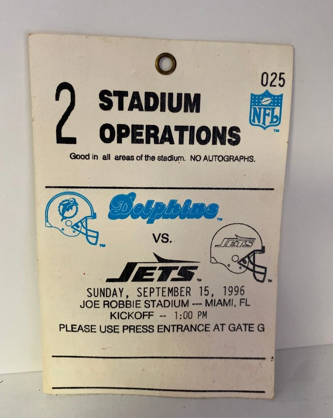 VINTAGE 1996 MIAMI DOLPHINS VS NEW YORK JETS STADIUM OPERATIONS PASS