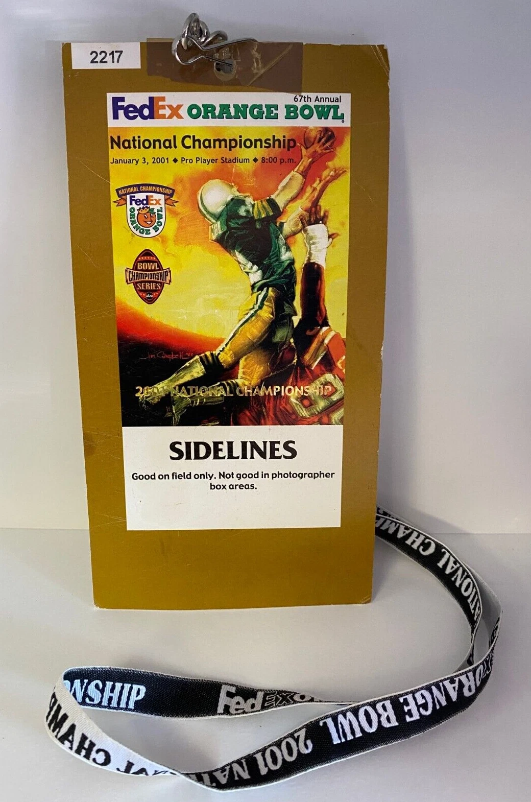 2001 FED EX ORANGE BOWL STADIUM OPERATIONS TICKET WITH LANYARD RARE COLLECTIBLE MEMORABILIA