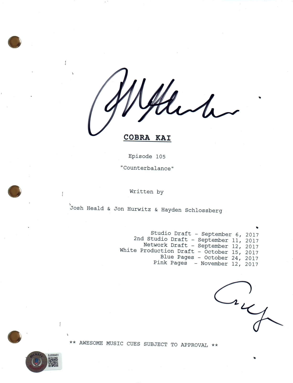 Ralph Macchio Courtney Henggeler Signed Cobra Kai Counterbalance Script BAS COA