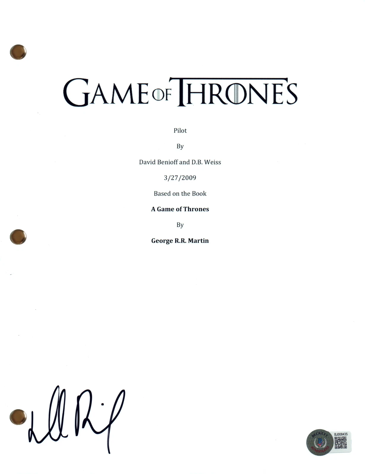 David Benioff Signed Autograph Game of Thrones Pilot Script Screenplay BAS COA