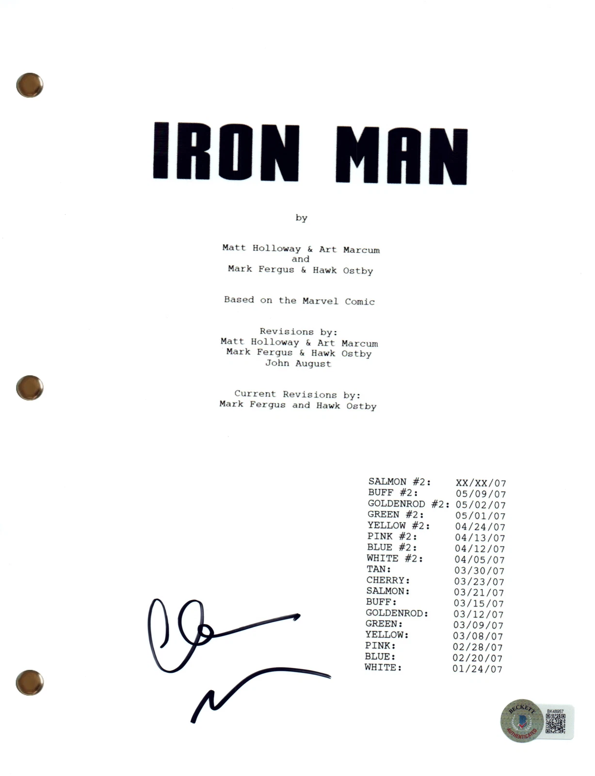 Clark Gregg Signed Autograph Iron Man Full Movie Script Screenplay Beckett COA