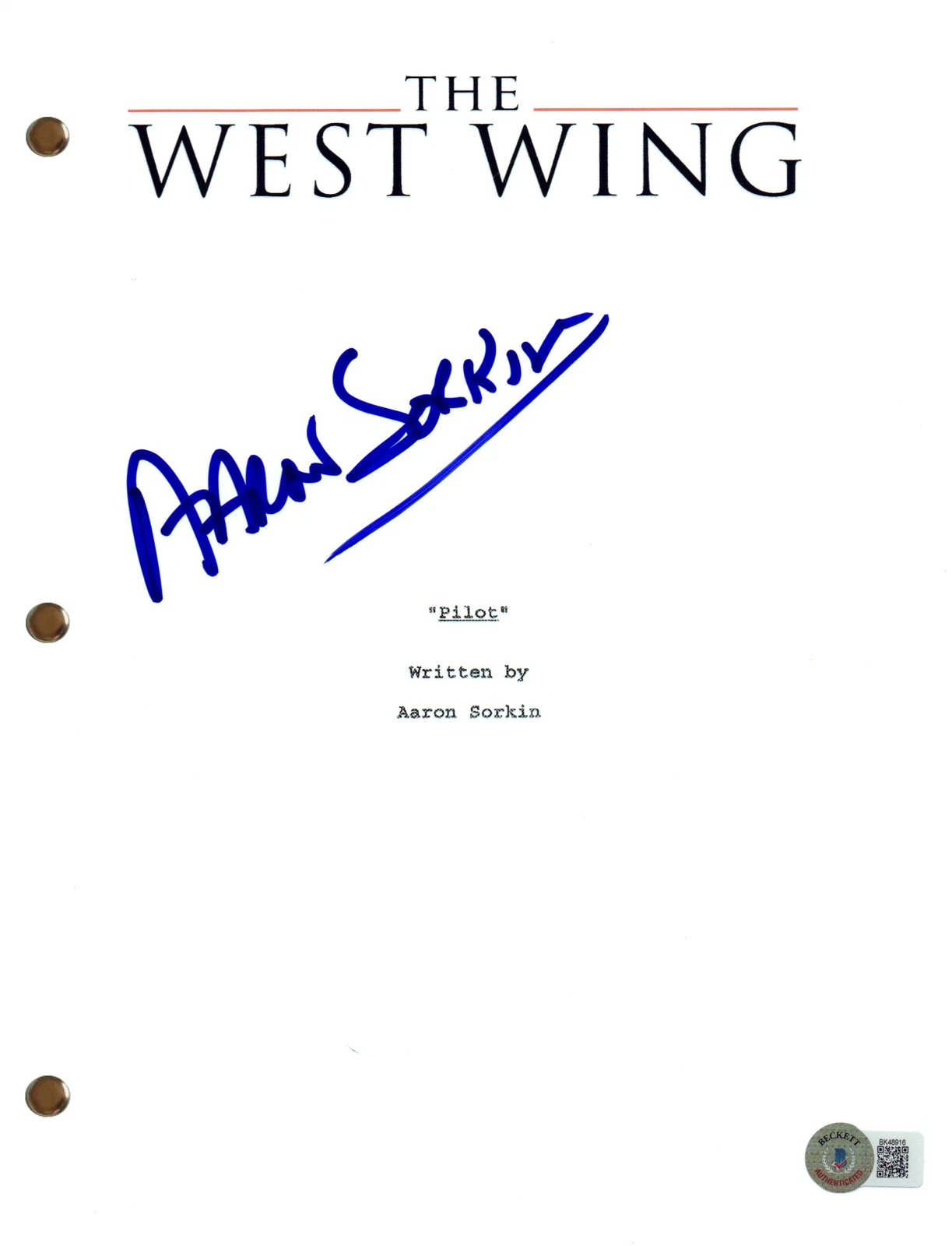 AARON SORKIN SIGNED AUTOGRAPH THE WEST WING PILOT SCRIPT SCREENPLAY BECKETT COA COLLECTIBLE MEMORABILIA