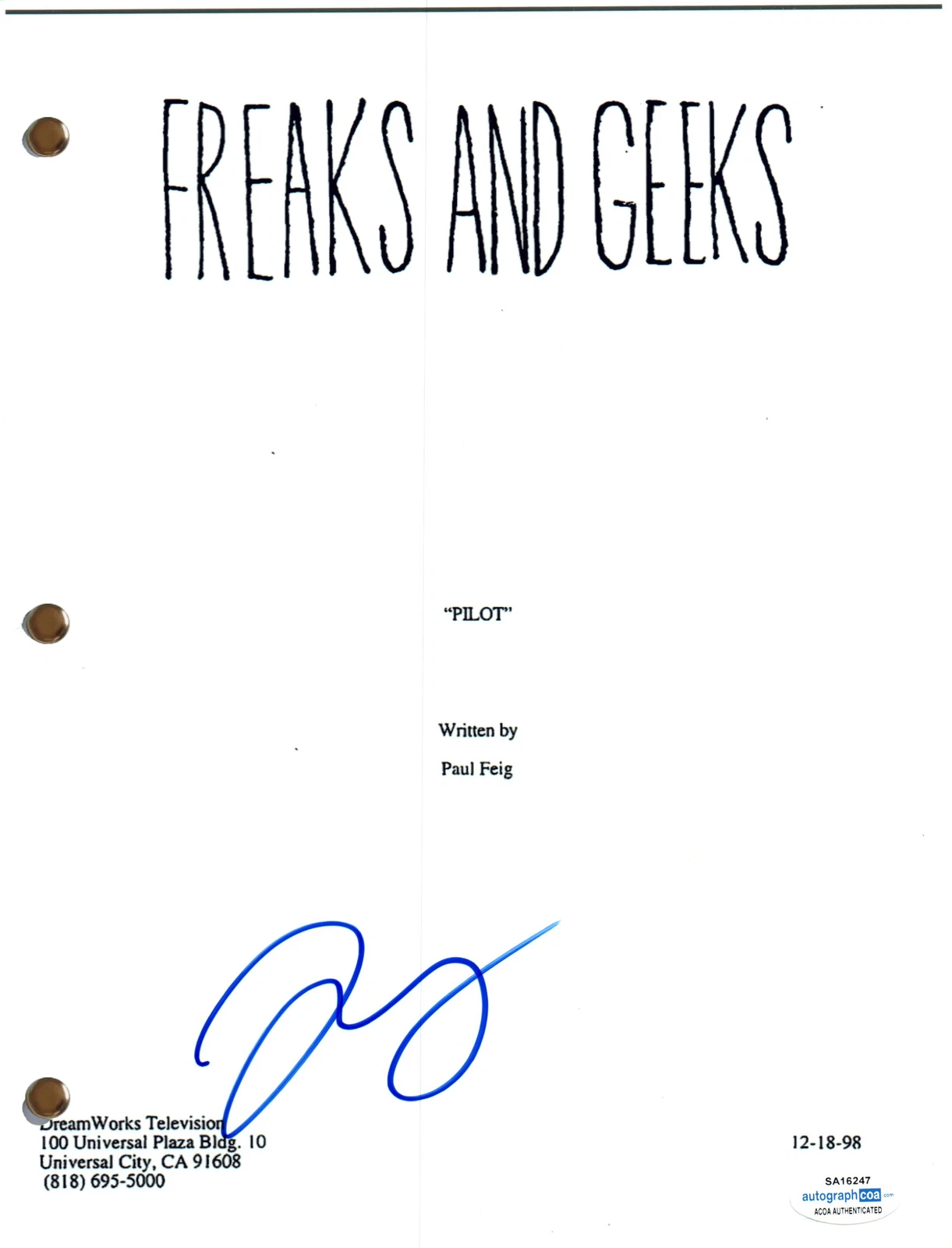 John Francis Daley Signed Autograph Freaks and Geeks Full Pilot Script ACOA