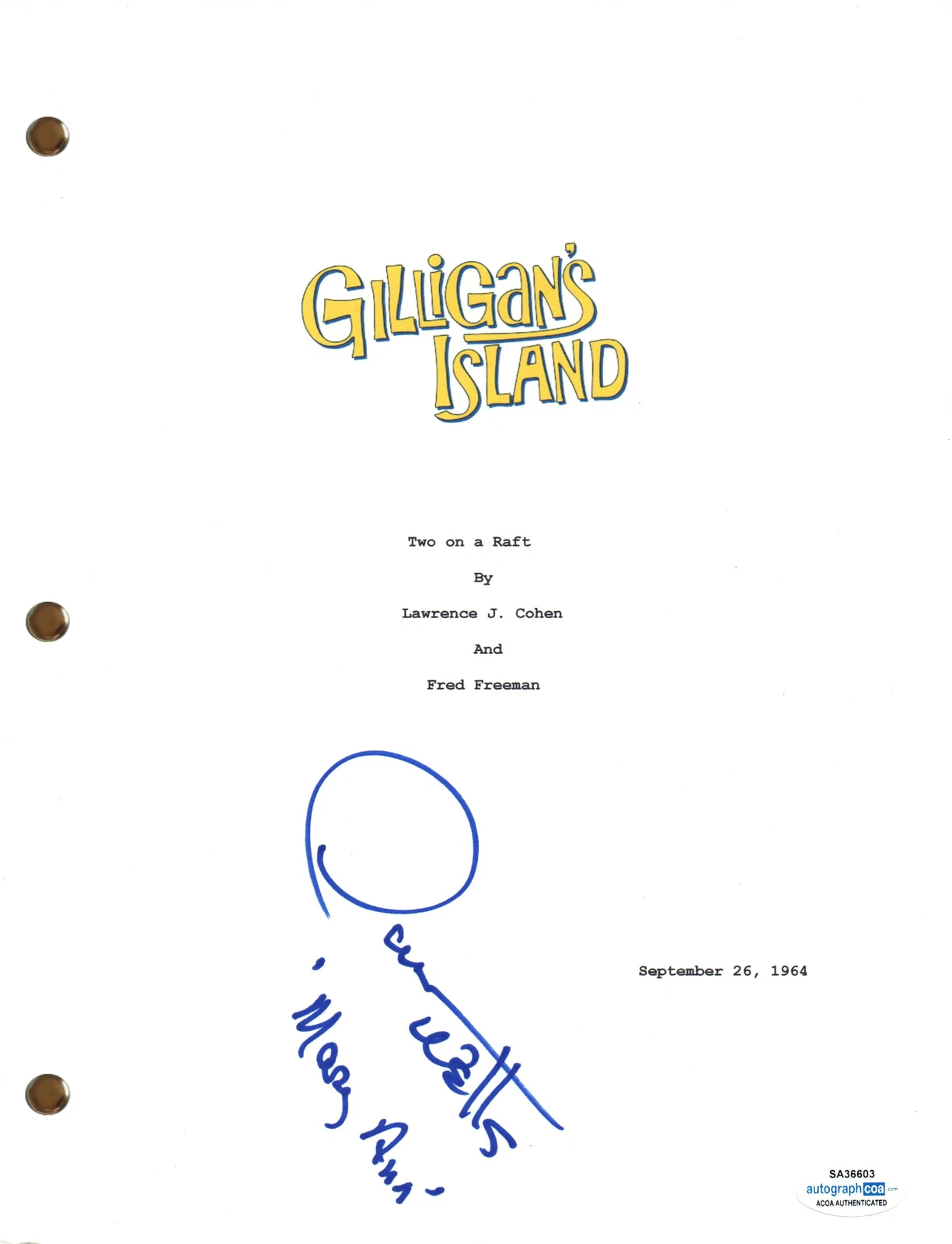 Dawn Wells Signed Autograph Gilliagan's Island Pilot Script Screenplay ACOA COA