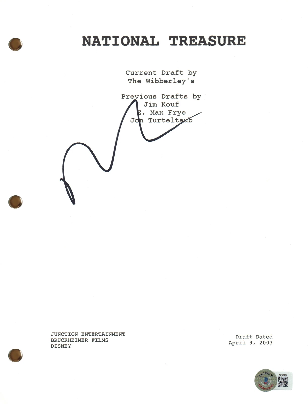 Nicolas Cage Signed Autograph National Treasure Movie Script Screenplay BAS COA