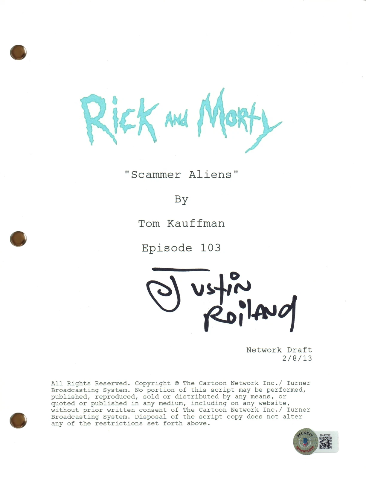 Justin Roiland Signed Rick and Morty Lawnmower Dog Script Autograph Beckett COA