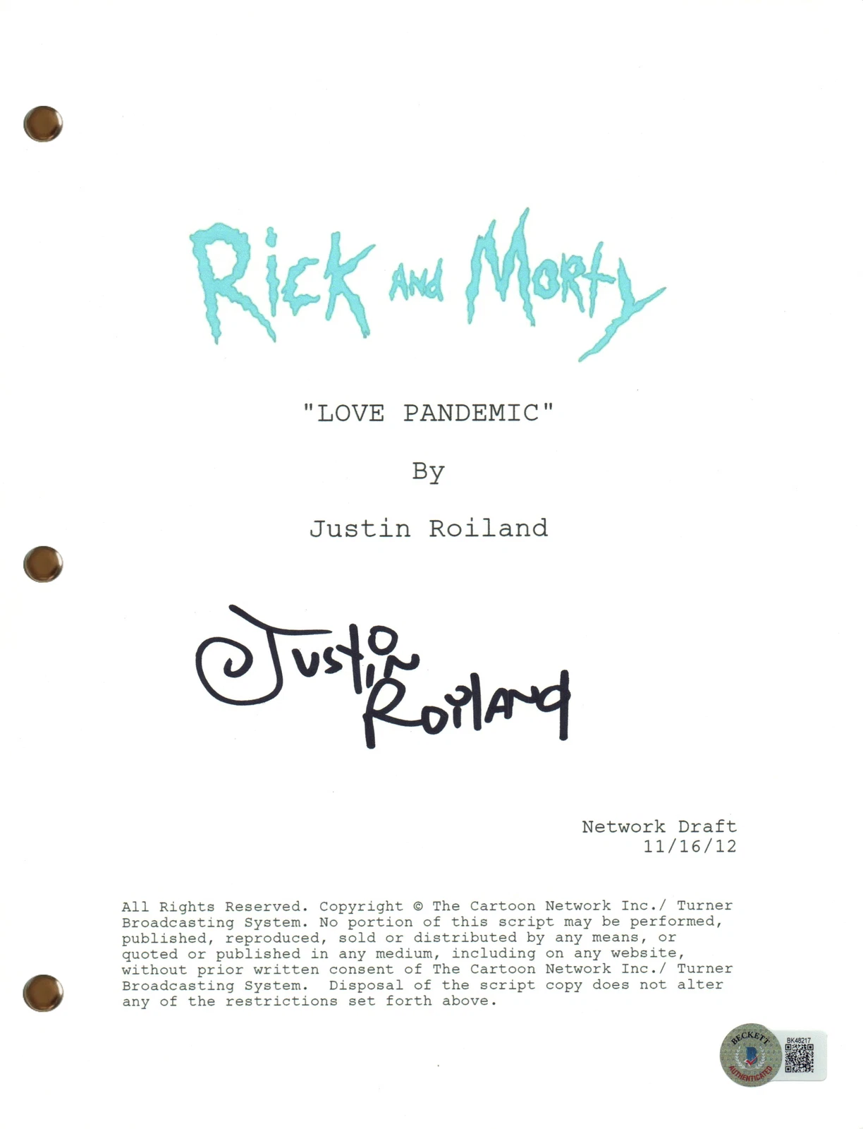 Justin Roiland Signed Rick and Morty Scammer Aliens Script Screenplay BAS COA